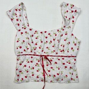Sienna Sky Blouse Womens Size L White Red Floral Cropped Ribbon Tie Top